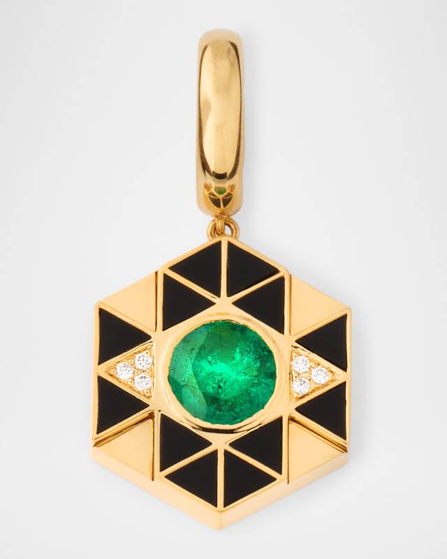 18K Yellow Gold Evil Eye Charm Pendant with Diamonds, Emerald and Onyx